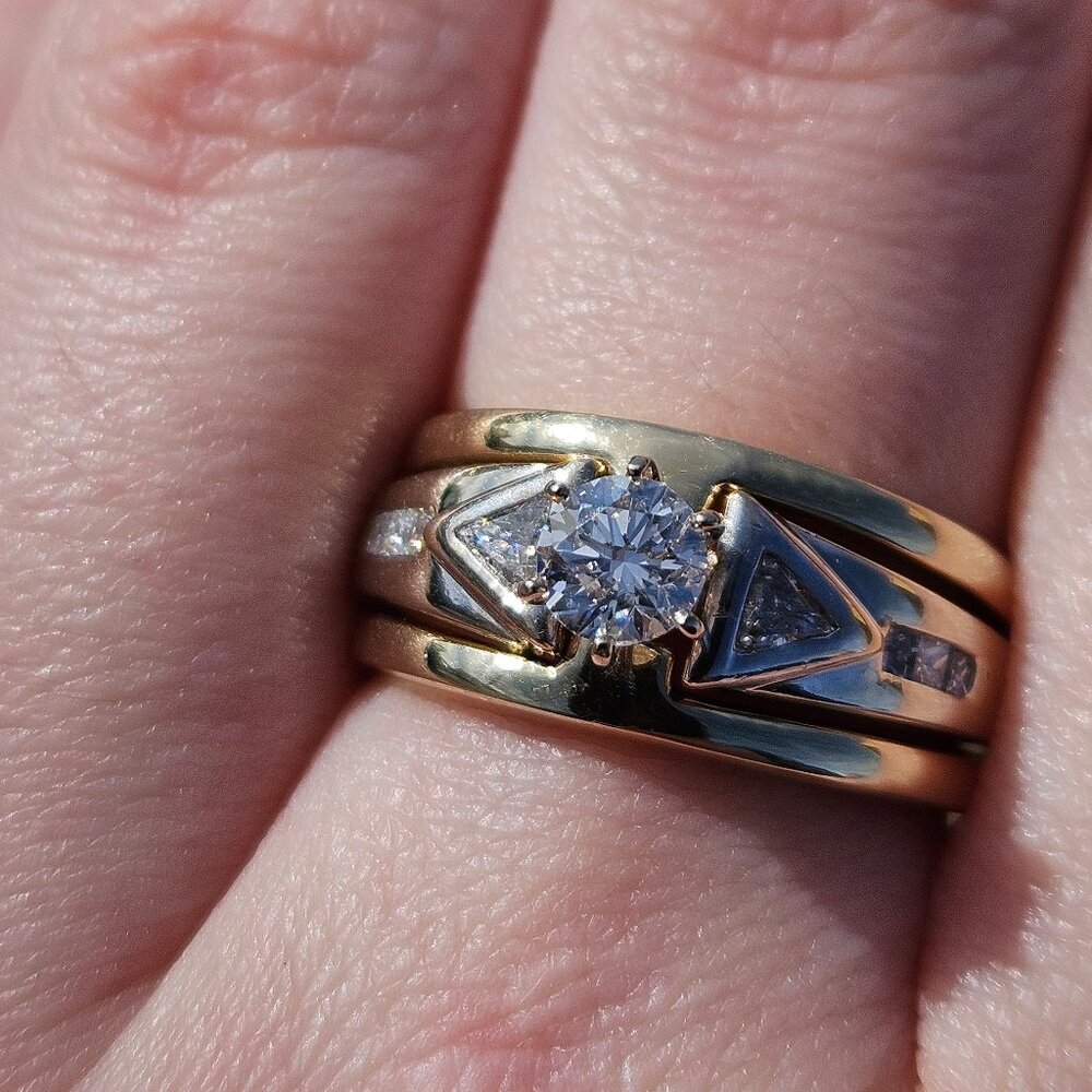 14K Yellow & White Gold Triangle Round Diamond Wedding Engagement Ring Set 8.5